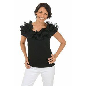 NWT SIONI MILANO BLACK KNIT RUFFLE COLD SHOULDER BLOUSE TOP MEDIUM